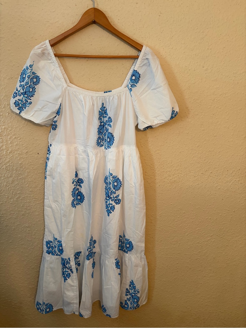 J. Crew White Midi Dress with Blue Floral Embroidery